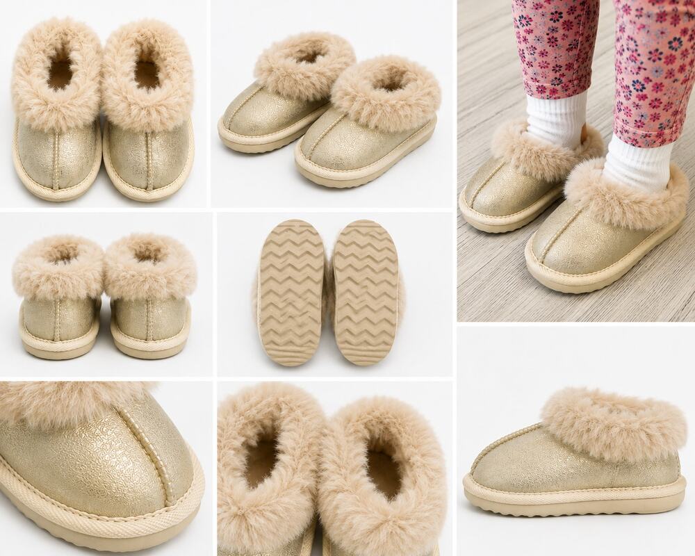 Toddler Girls Faux Fur Slip-On Slippers – Gold Shimmer | Size 5